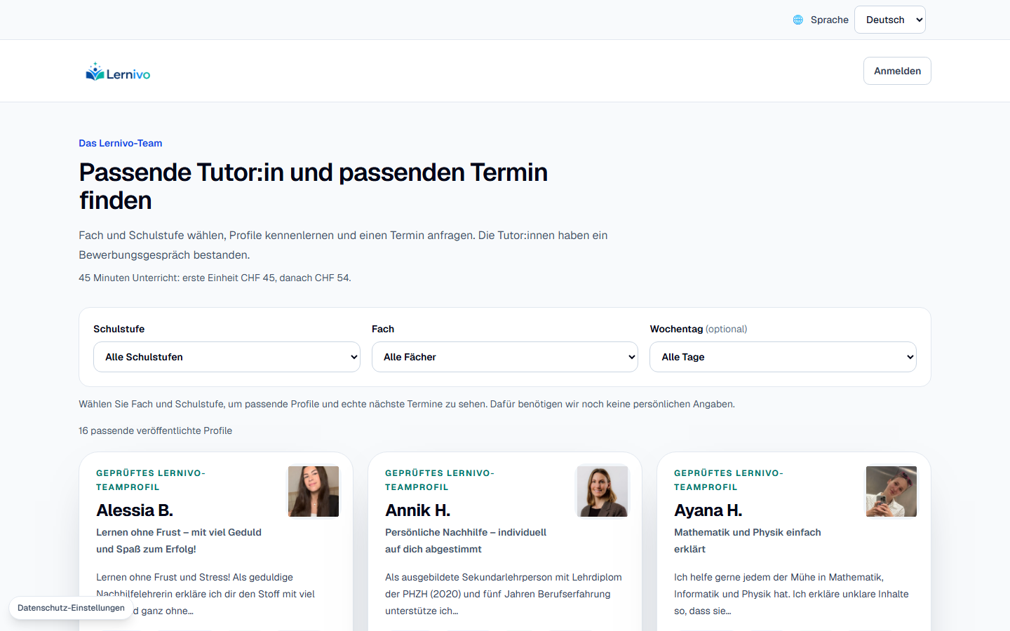 Lernivo Tutorinnenübersicht